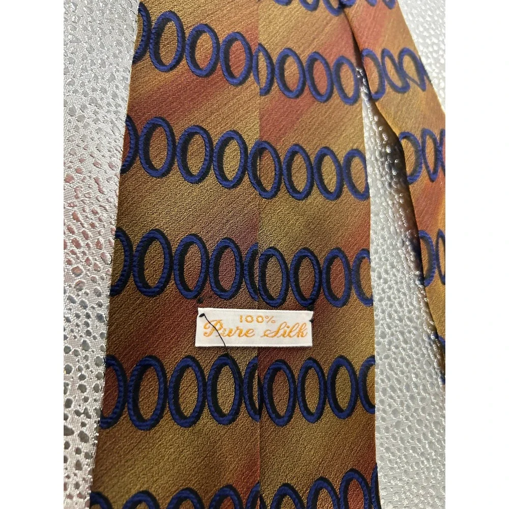 Vintage 100% Pure Silk Necktie Gold Rust Orange Navy Blue Geometric Oval Pattern
